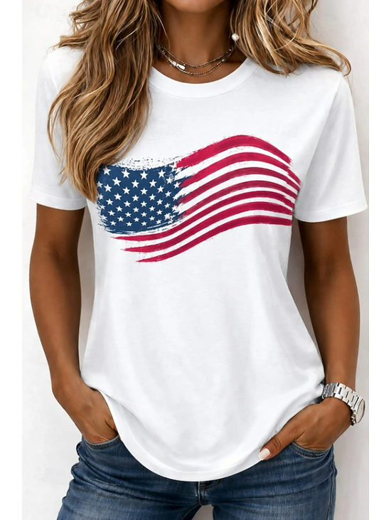 Women Independence Day (Flag) Short Sleeve
                      Tee T-shirt Crew Neck Printing Casual Graphic Tee
                      Summer Top
