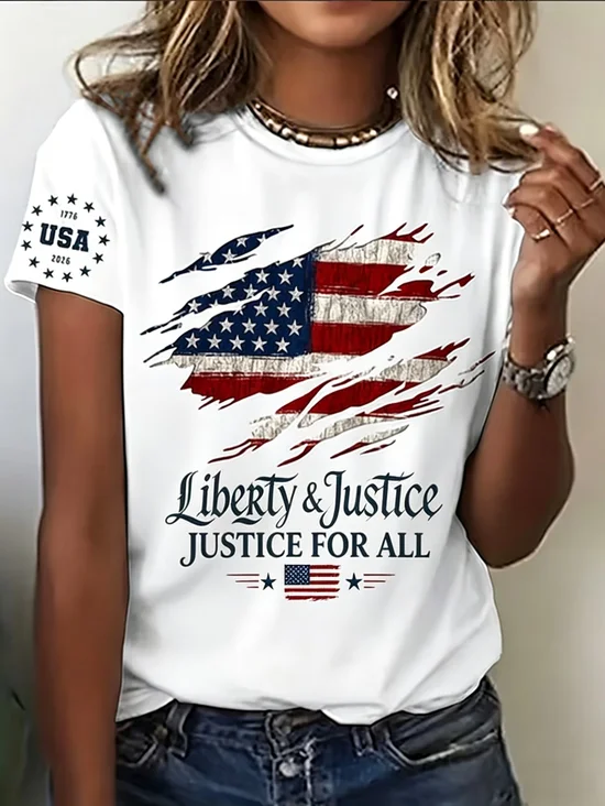Women Independence Day (Flag) Short Sleeve Tee T-shirt Crew Neck Printing Casual Graphic Tee Summer Top
