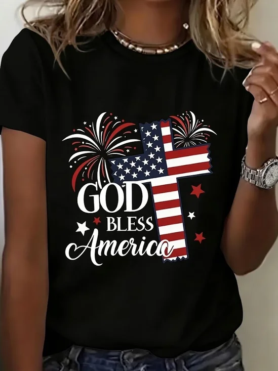 Women Independence Day (Flag) Short Sleeve Tee T-shirt Crew Neck Printing Casual Graphic Tee Summer Top