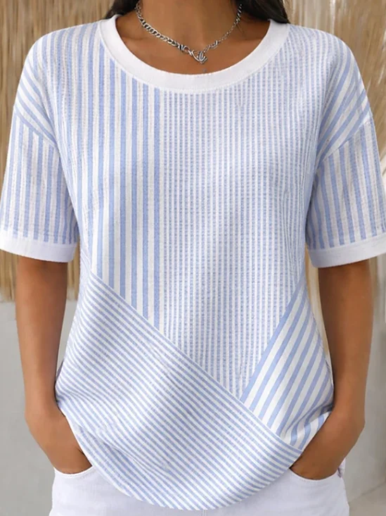 Women Striped Short Sleeve Tee T-shirt Crew Neck Printing Casual Summer Top