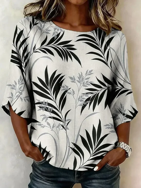 Women Leaf Crew Neck Half Sleeve Blouse Printing Vintage Daily Summer Top