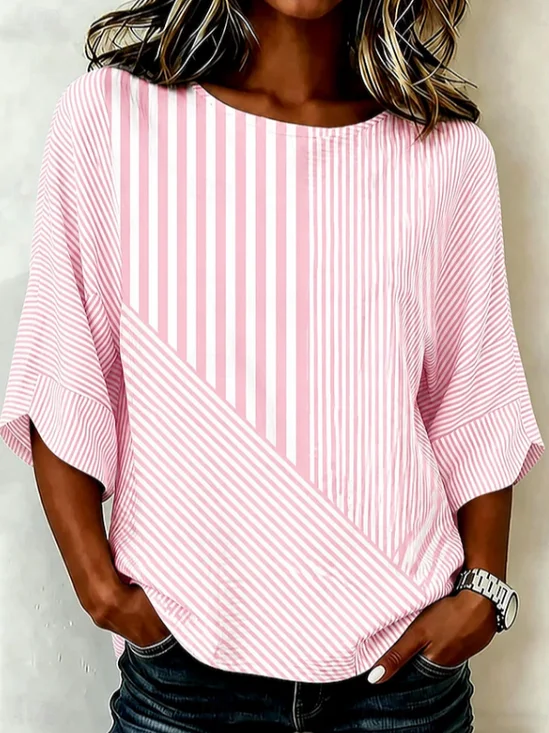 Women Striped Crew Neck Half Sleeve Blouse Printing Vintage Daily Summer Top