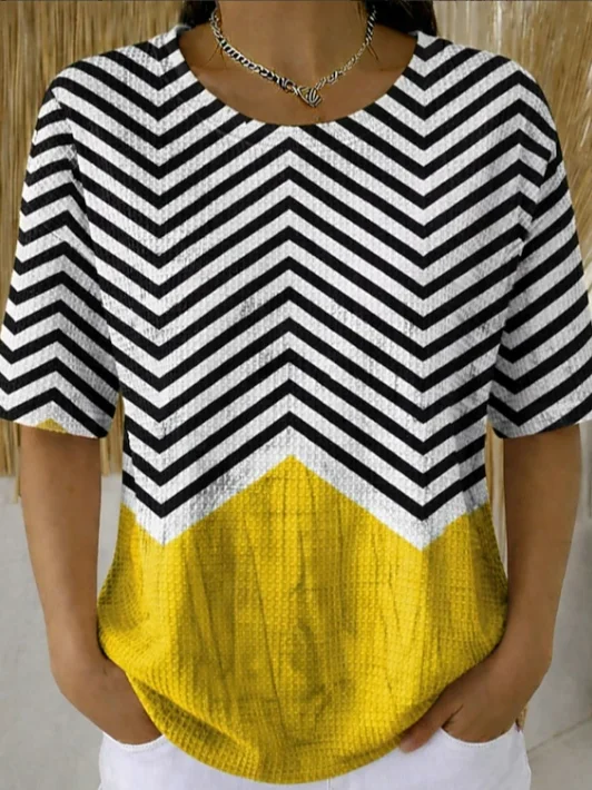 Women Striped Short Sleeve Tee T-shirt Crew Neck Printing Casual Summer Top