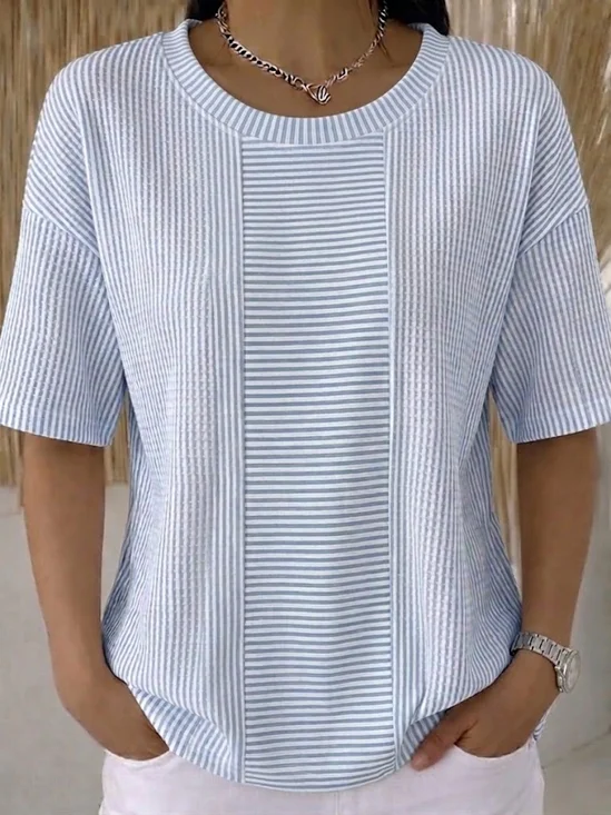 Women Striped Short Sleeve Tee T-shirt Crew Neck Printing Casual Summer Top