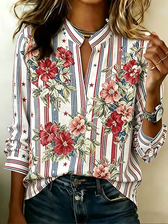 Women Floral V Neck Long Sleeve Blouse Printing Vintage Daily Spring/Fall Top