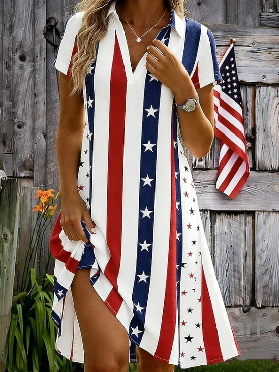 Women Independence Day (Flag) Short Sleeve Shawl Collar Printing Dress Daily Casual Knee Length A-Line Summer Dress