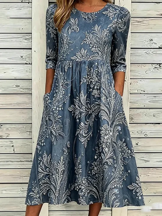 Women Floral Half Sleeve Crew Neck Printing Dress Daily Casual Maxi H-Line Summer Dress