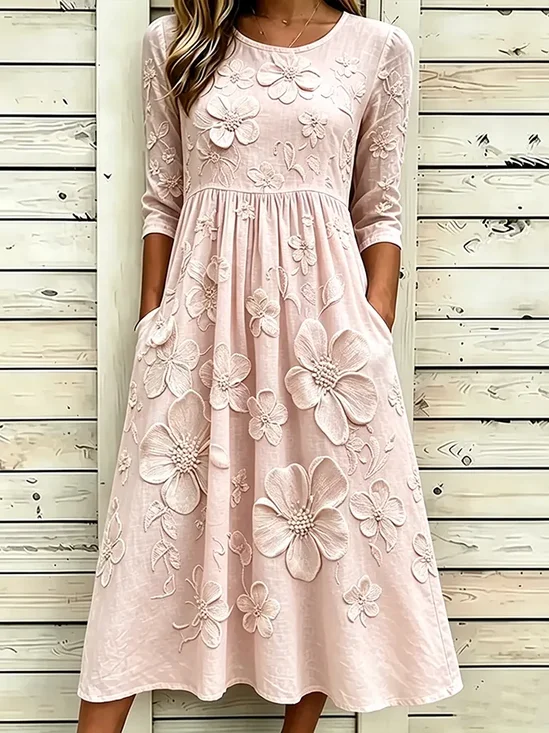 Women Floral Half Sleeve Crew Neck Printing Dress Daily Casual Maxi H-Line Summer Dress