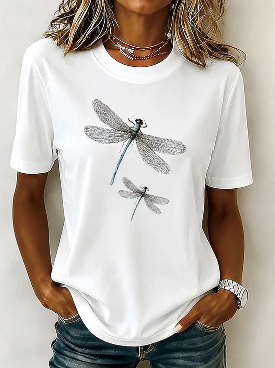 Women Dragonfly Short Sleeve Tee T-shirt Crew Neck Printing Casual Graphic Tee Summer Top