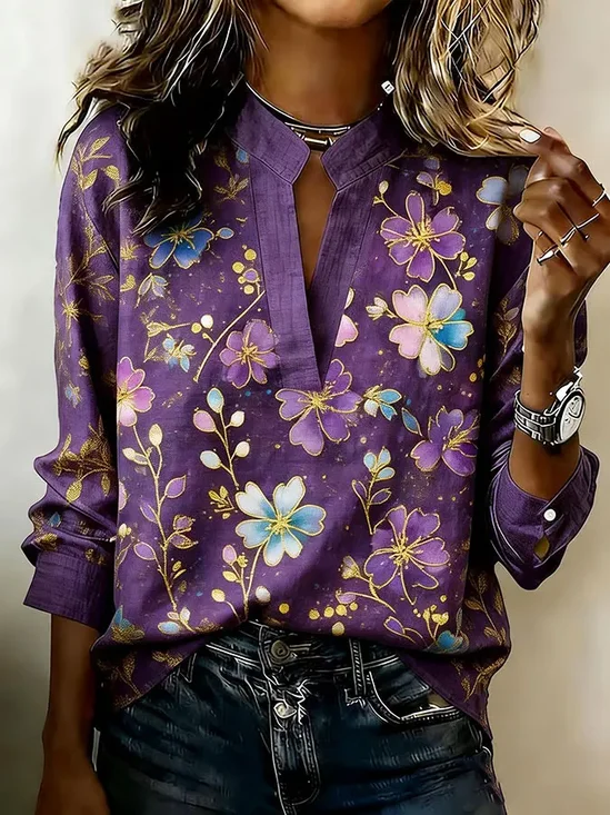 Women Floral V Neck Long Sleeve Blouse Printing Vintage Daily Spring/Fall Top