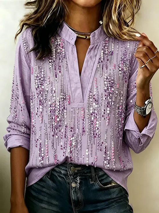 Women Abstract V Neck Long Sleeve Blouse Printing Vintage Daily Spring/Fall Top