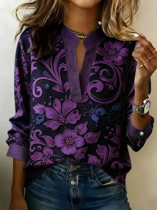 Women Floral V Neck Long Sleeve Blouse Printing Vintage Daily Spring/Fall Top