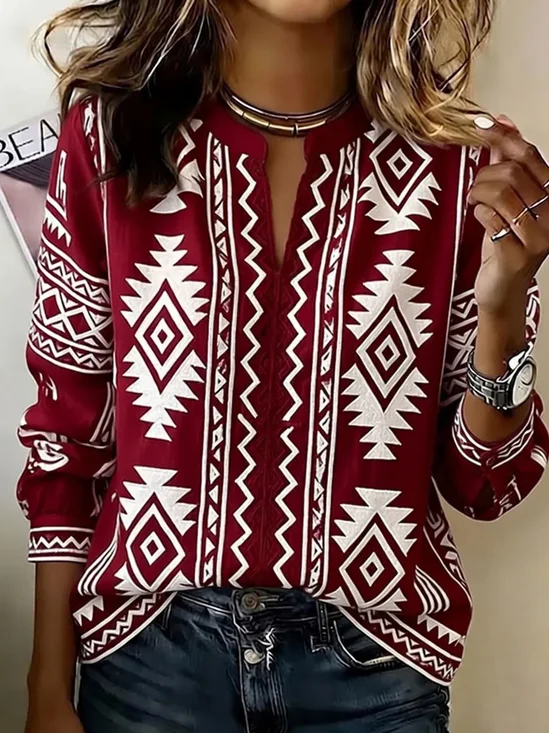 Women Abstract V Neck Long Sleeve Blouse Printing Vintage Daily Spring/Fall Top