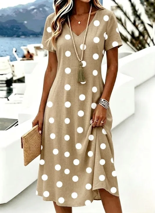 Women Polka Dots Short Sleeve V Neck Dress Daily Casual Midi A-Line Summer Dress