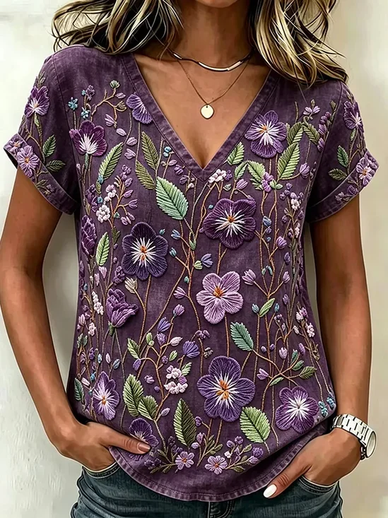 Women Floral Short Sleeve Tee T-shirt V Neck Printing Vintage Summer Top