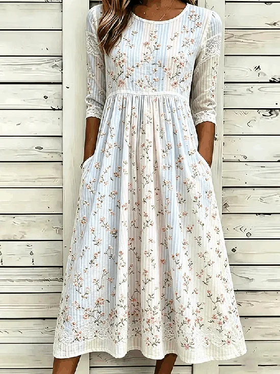 Women Floral Half Sleeve Crew Neck Dress Daily Vintage Midi A-Line Summer Dress