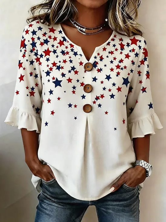 Women Independence Day (Flag) V Neck Half Sleeve Blouse Printing Vintage Daily Summer Top