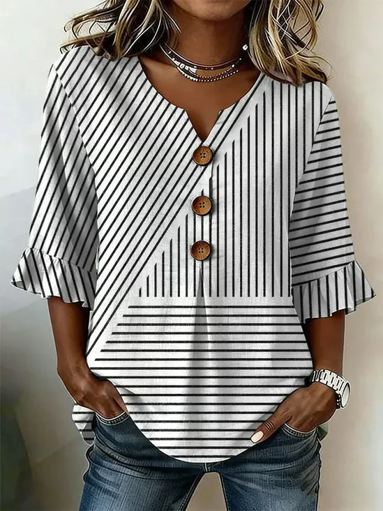 Women Striped V Neck Half Sleeve Blouse Printing Vintage Daily Summer Top
