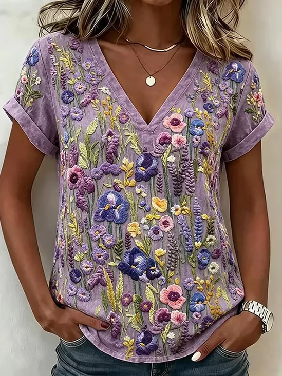 Women Floral Short Sleeve Tee T-shirt V Neck Printing Vintage Summer Top