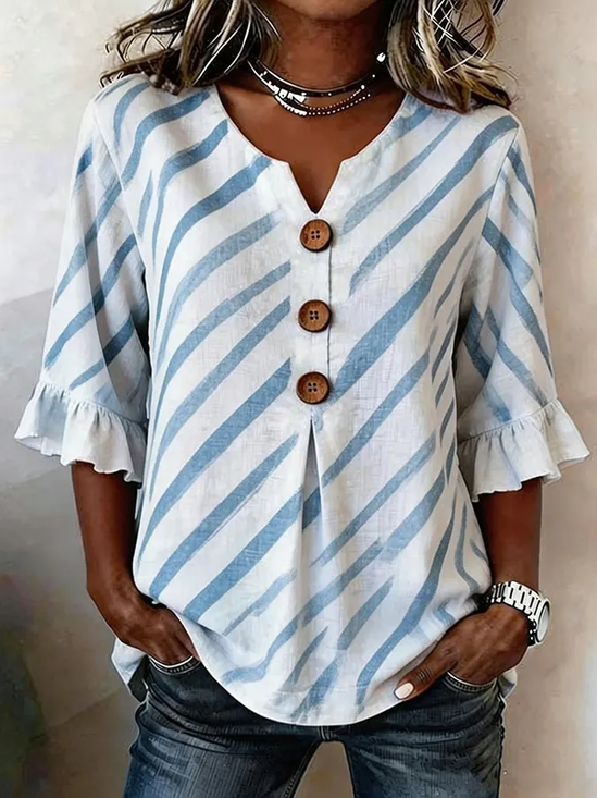 Women Striped V Neck Half Sleeve Blouse Printing Vintage Daily Summer Top