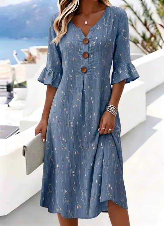 Women Leaf Half Sleeve V Neck Dress Daily Casual Midi H-Line Summer Dress