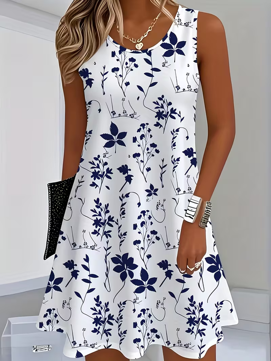 Women Floral Sleeveless Crew Neck Printing Dress Daily Casual Midi Tank A-Line Summer Dress