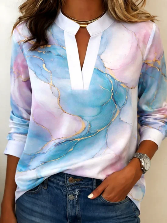 Women Abstract V Neck Long Sleeve Blouse Printing Vintage Daily Spring/Fall Top