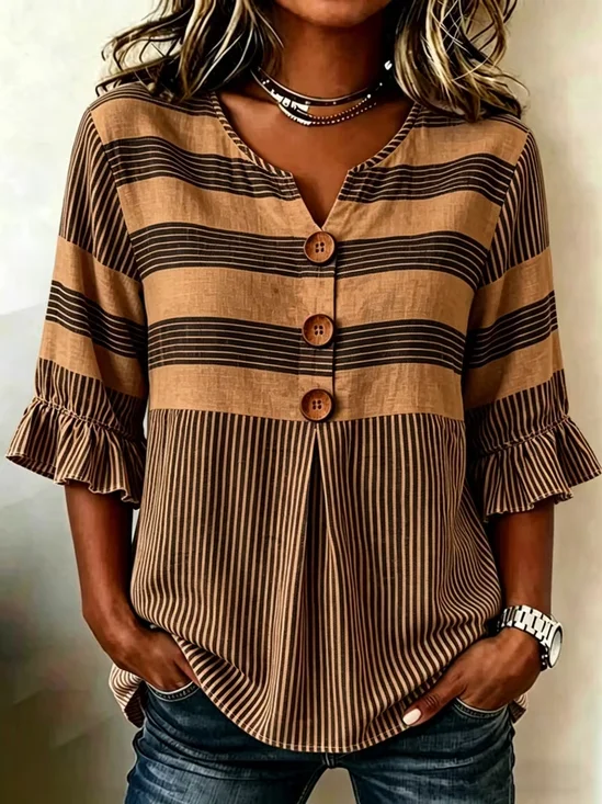 Women Striped V Neck Half Sleeve Blouse Printing Vintage Daily Summer Top