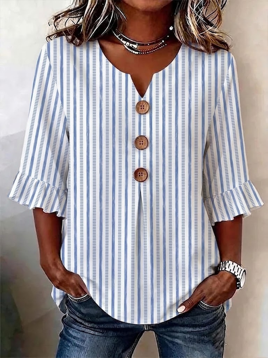 Women Striped V Neck Half Sleeve Blouse Printing Vintage Daily Summer Top