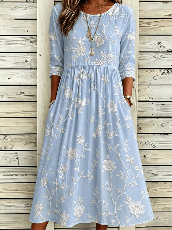 Women Floral Half Sleeve Crew Neck Printing Dress Daily Casual Maxi H-Line Summer Dress