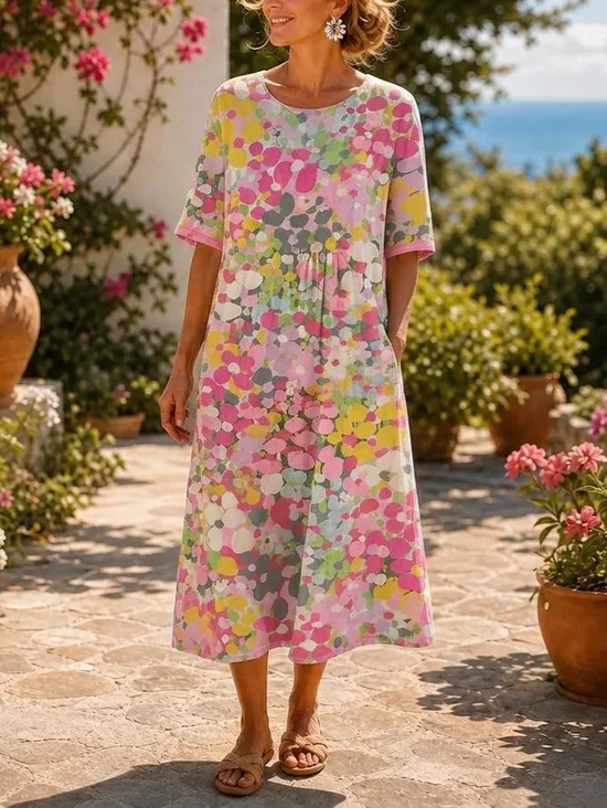 Women Abstract Polka Dots Half Sleeve Crew Neck Dress Daily Casual Maxi T-Shirt Dress A-Line Summer Dress