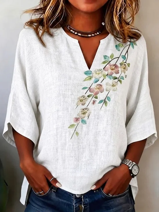 Women Floral V Neck Half Sleeve Blouse Printing Casual Daily Summer Top