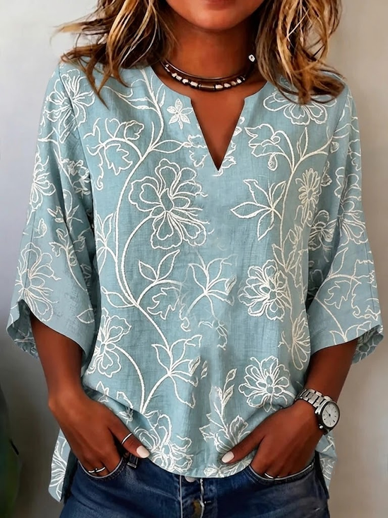 Women Floral V Neck Half Sleeve Blouse Printing Casual Daily Summer Top