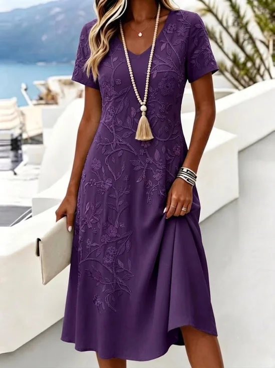 Women Floral Short Sleeve V Neck Dress Daily Vintage Midi A-Line Summer Dress