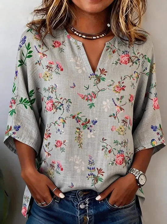 Women Floral V Neck Half Sleeve Blouse Printing Casual Daily Summer Top