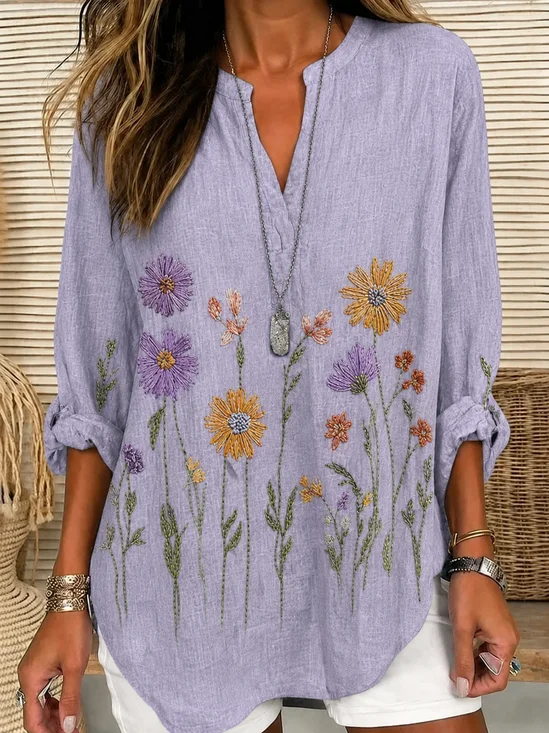 Women Floral V Neck Long Sleeve Shirt Printing Vintage Daily Spring/Fall Top