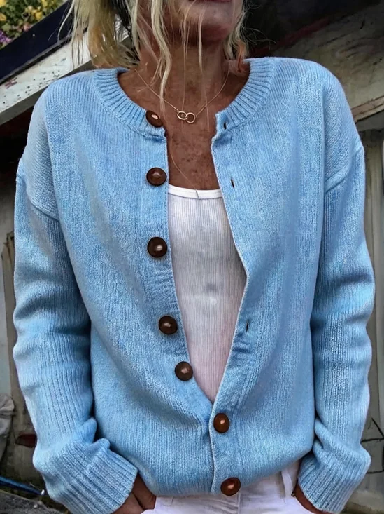 Women Plain Long Sleeve Crew Neck Casual Spring/Fall Cardigan Outerwear