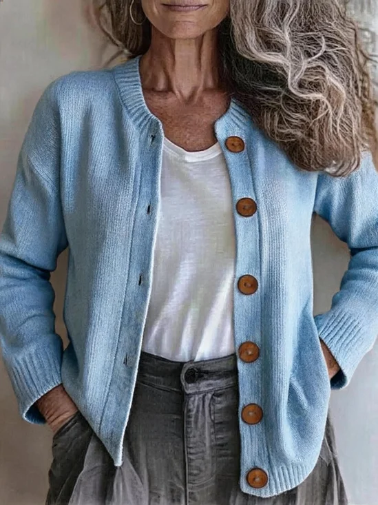 Women Plain Long Sleeve Crew Neck Casual Spring/Fall Cardigan Outerwear