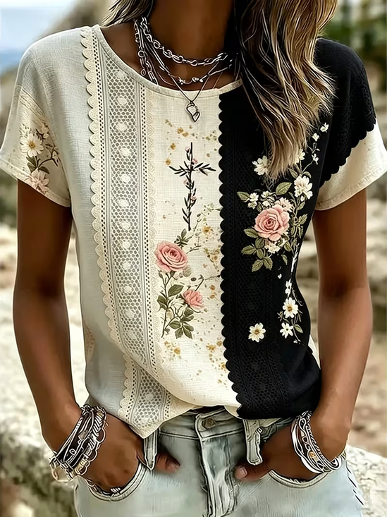 Women Floral Short Sleeve Tee T-shirt Crew Neck Printing Casual Graphic Tee Summer Top