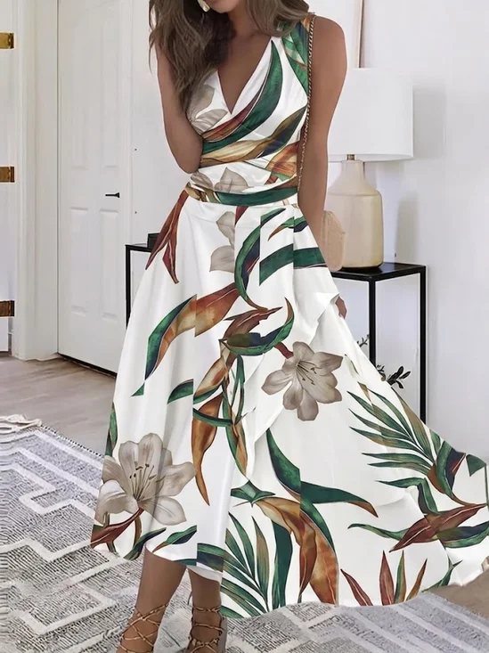 Women Floral Sleeveless V Neck Dress Party Casual Maxi A-Line Summer Dress