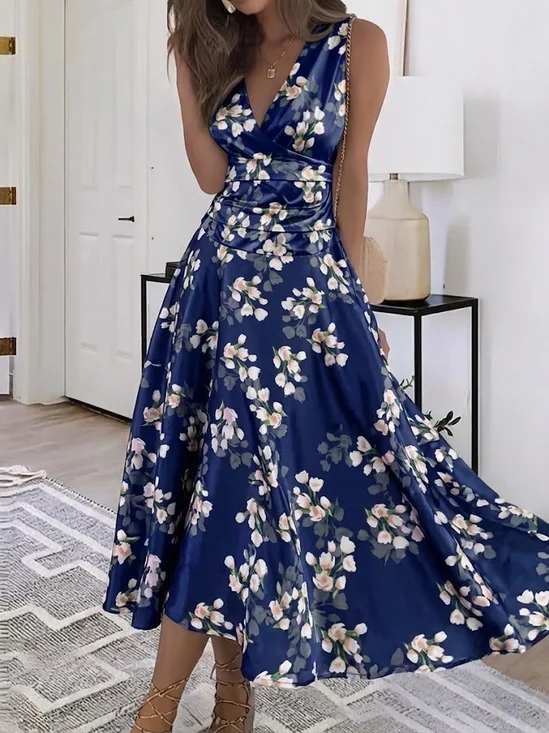 Women Floral Sleeveless V Neck Dress Party Casual Maxi A-Line Summer Dress