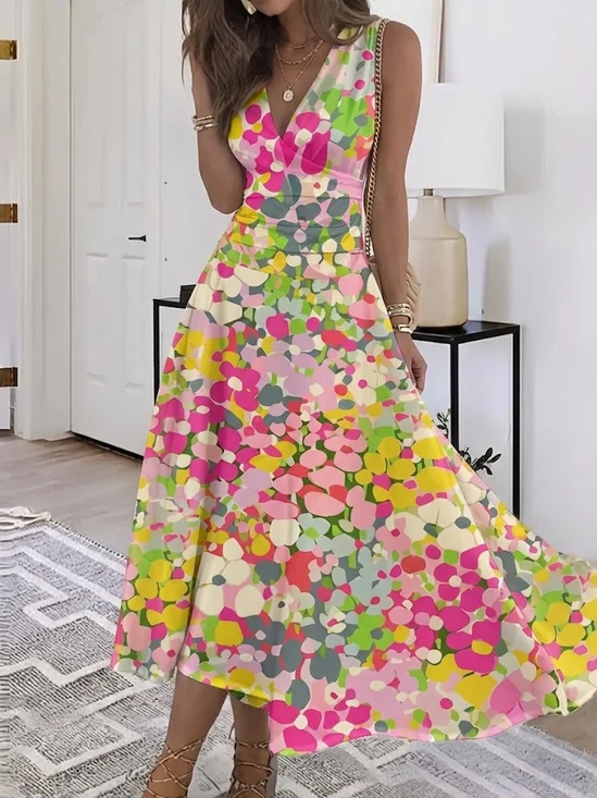 Women Abstract Sleeveless V Neck Dress Party Casual Maxi A-Line Summer Dress
