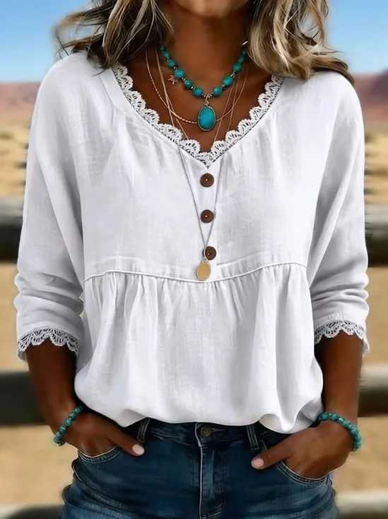 Women Plain V Neck Half Sleeve Blouse Lace Edge Casual Daily Summer Top