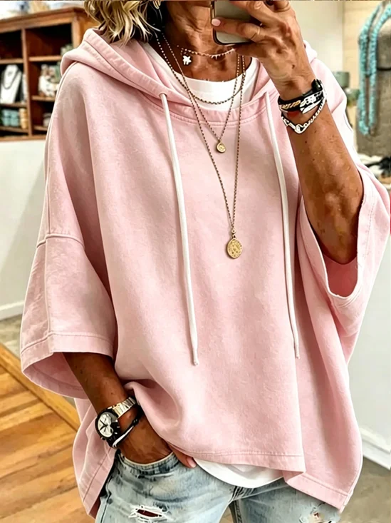 Women Plain Half Sleeve Casual Daily Spring/Fall Hoodie