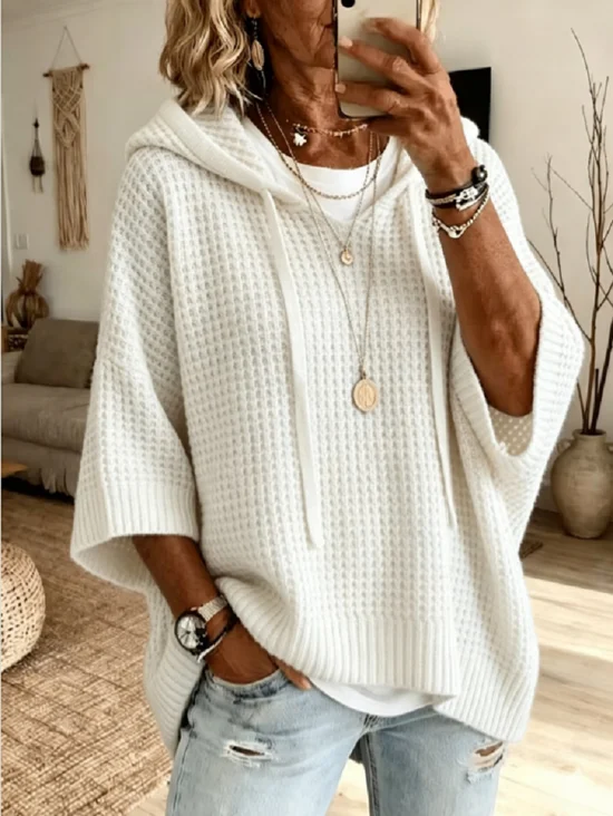 Women Plain Casual Half Sleeve Hooded Yarn/Wool Yarn Spring/Fall Sweater
