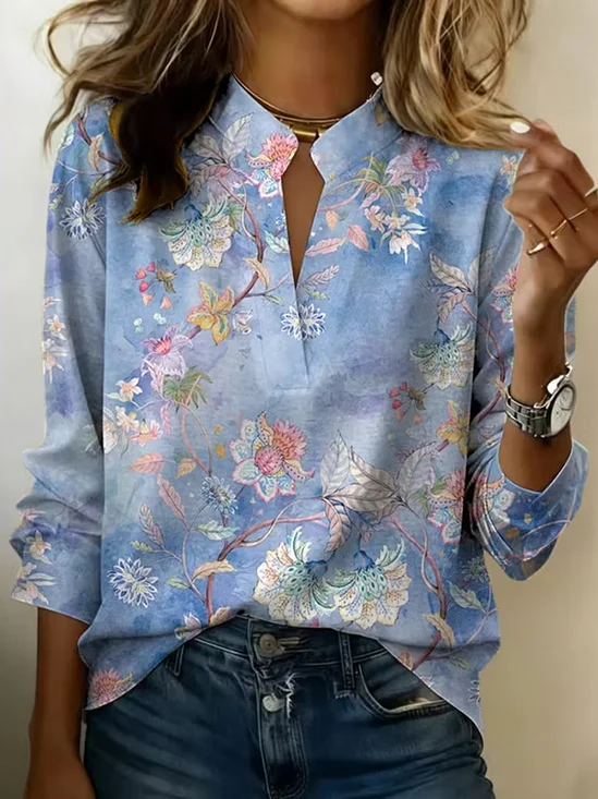 Women Floral V Neck Long Sleeve Blouse Printing Vintage Daily Spring/Fall Top