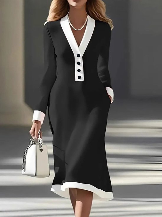 Women Plain Long Sleeve V Neck Dress Party Casual Midi Sweater A-Line Spring/Fall Dress