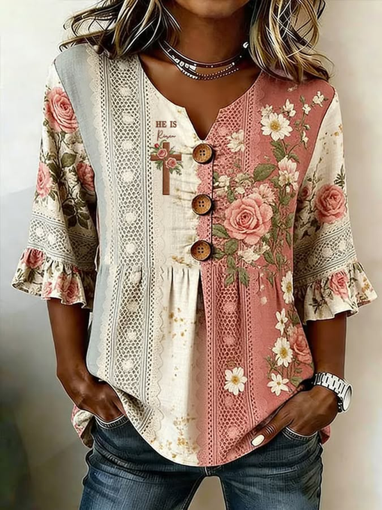 Women Floral V Neck Half Sleeve Blouse Printing Vintage Daily Summer Top