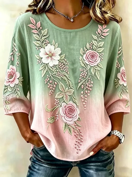 Women Floral Crew Neck Half Sleeve Blouse Printing Vintage Daily Summer Top