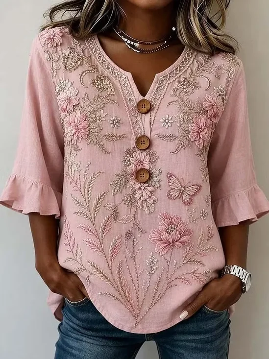 Women Floral V Neck Half Sleeve Blouse Printing Vintage Daily Summer Top
